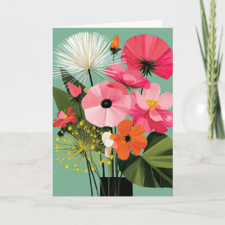Midcentury Modern Floral Bouquet Pink Poppy Card