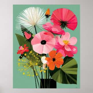 Midcentury Modern Floral Pink Poppy Wall Art