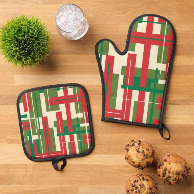 Midcentury Modern Geometric Abstract Christmas  Oven Mitt & Pot Holder Set (Top Down)