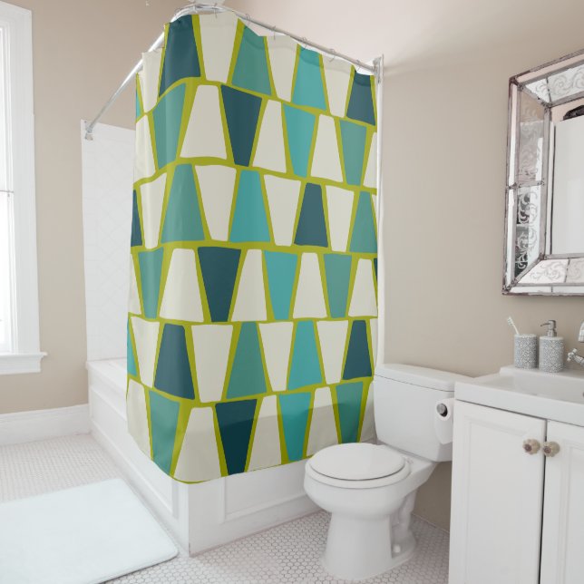 Midcentury Modern Green Turquoise Geometric Print  Shower Curtain (In Situ)