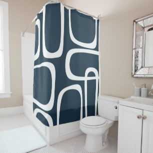 Midcentury Modern Loops in White and Navy Blue Shower Curtain