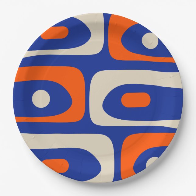 Midcentury Modern Piquet Abstract Blue Orange Paper Plate (Front)