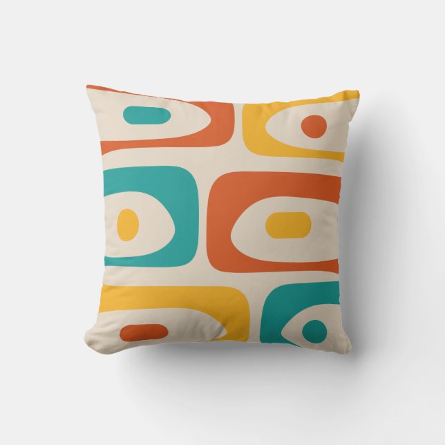 Midcentury Modern Piquet Abstract Turquoise Orange Cushion (Front)