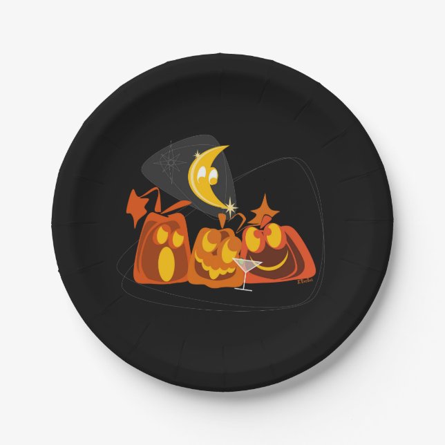 Midcentury Modern Pumpkins Halloween Paper Plate (Front)