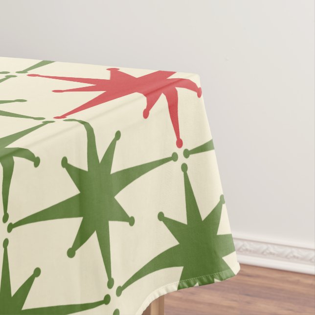 Midcentury Modern Retro Christmas Starbursts Tablecloth (In Situ)
