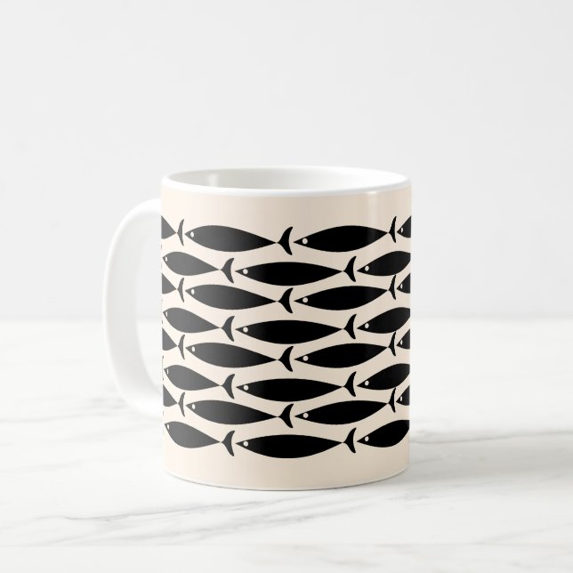 Midcentury Modern Retro Fish Black & Almond Cream Coffee Mug (Front Left)