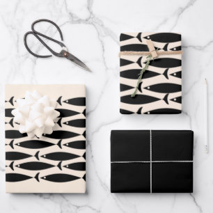Midcentury Modern Retro Fish Black & Almond Cream Wrapping Paper Sheet