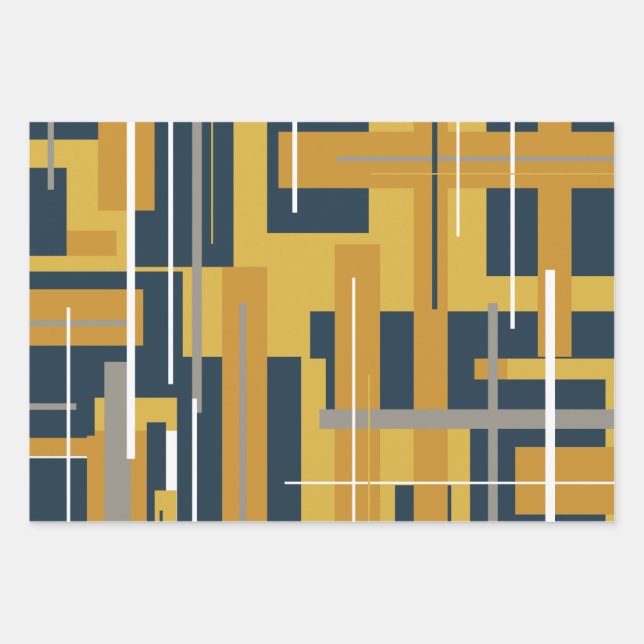 Midcentury Modern Retro Patterns Mustard and Navy Wrapping Paper Sheet (Front 2)