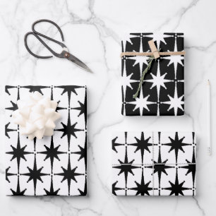 Midcentury Modern Retro Starbursts Black and White Wrapping Paper Sheet