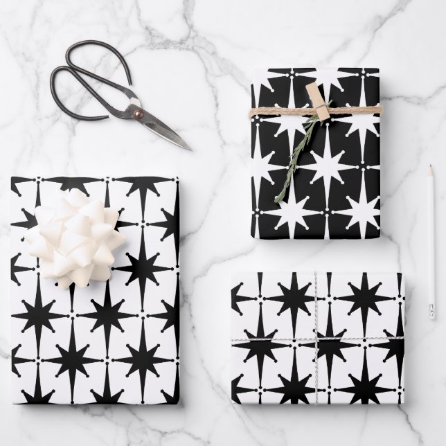 Midcentury Modern Retro Starbursts Black and White Wrapping Paper Sheet (Front)