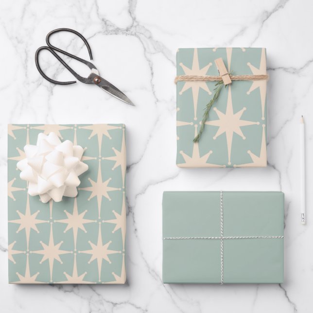Midcentury Modern Retro Starbursts Celadon Mint Wrapping Paper Sheet (Front)
