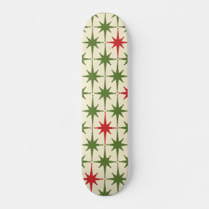 Midcentury Modern Retro Starbursts Red Green Cream Skateboard