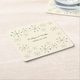 Midcentury Modern Retro Vintage Style Wedding Square Paper Coaster