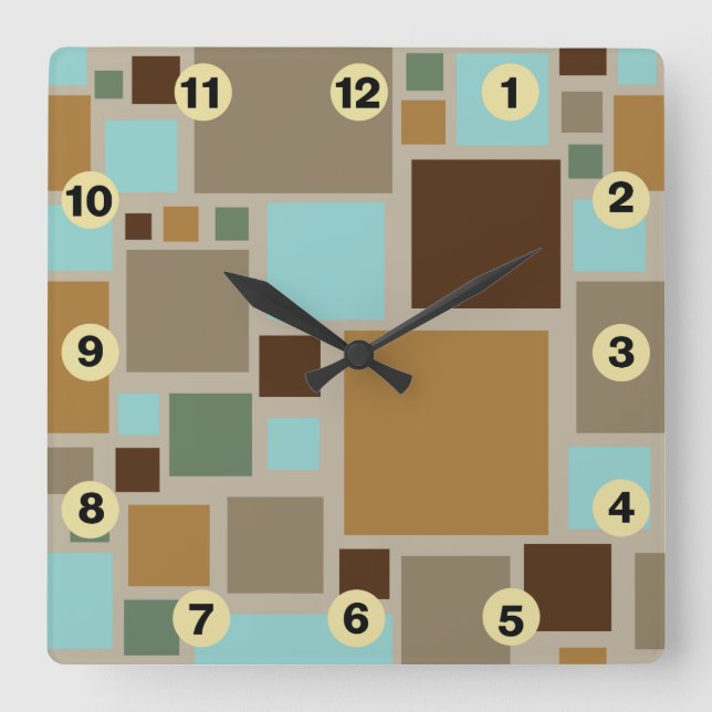 Midcentury Modern Squares Pattern Retro Square Wall Clock (Front)