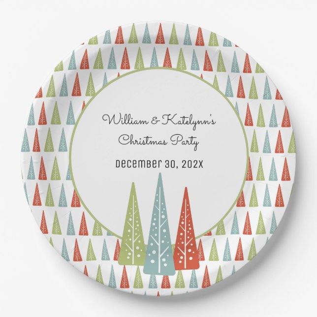 Midcentury Modern Trees Custom Christmas Party Paper Plate (Front)