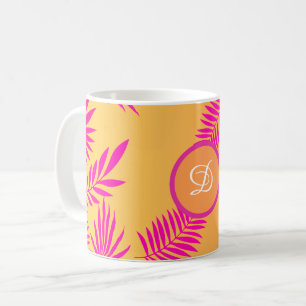 midcentury modern tropical leaves pink orange coffee mug