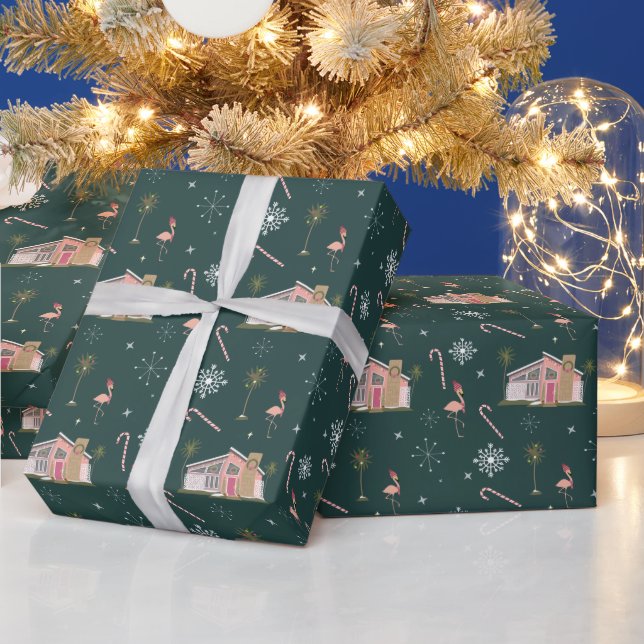 Midcentury Palm Springs Christmas Pink House Wrapping Paper (Holidays)