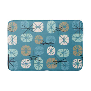 Midcentury Pattern Oblongs Teal White Gold Bath Mat