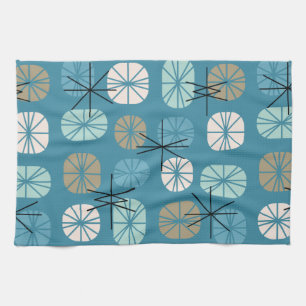 Midcentury Pattern Oblongs Teal White Gold Tea Towel