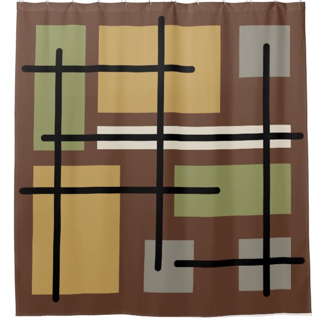 Midcentury Rectangles Squares Brown Multicolored Shower Curtain (Front)