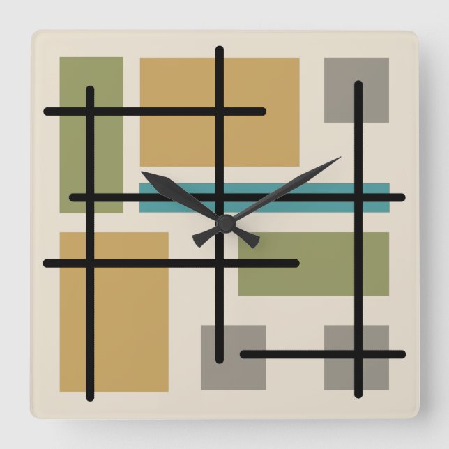 Midcentury Rectangles Squares Multicolored Square Wall Clock (Front)