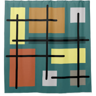 Midcentury Rectangles Squares Teal Multicolored Shower Curtain