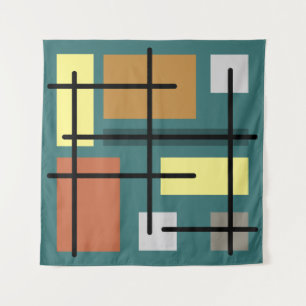 Midcentury Rectangles Squares Teal Multicolored Tapestry