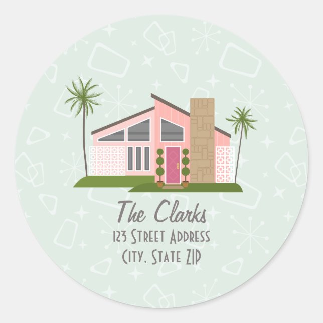 Midcentury Retro Pink House Address Classic Round  Sticker (Front)