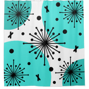 Midcentury Sputnik Starbursts Turquoise Shower Curtain