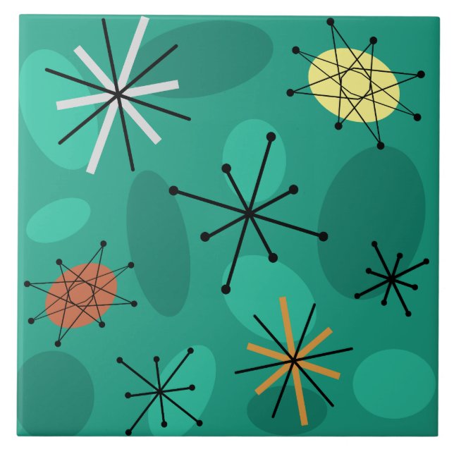Midcentury Sputnik Starbursts Turquoise Tile (Front)