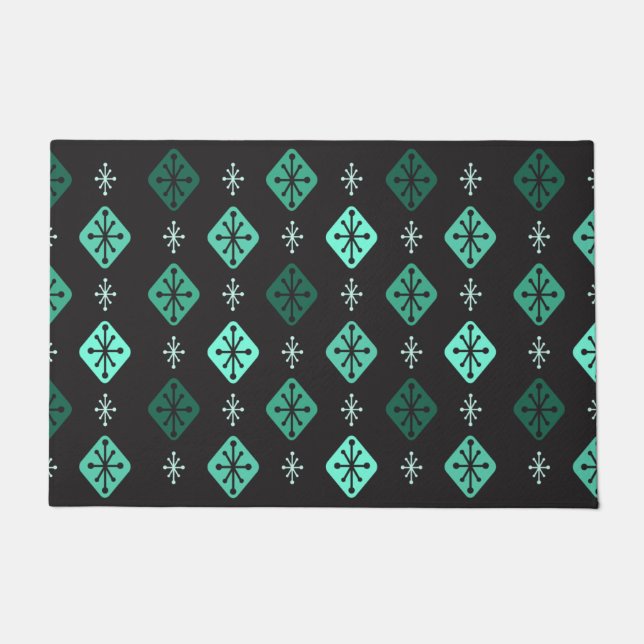 Midcentury Starbursts Diamonds Black Turquoise Doormat (Front)