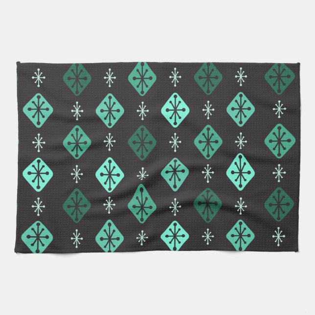 Midcentury Starbursts Diamonds Black Turquoise Tea Towel (Horizontal)