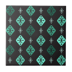 Midcentury Starbursts Diamonds Black Turquoise Tile