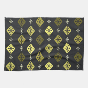 Midcentury Starbursts Diamonds Black Yellow Tea Towel