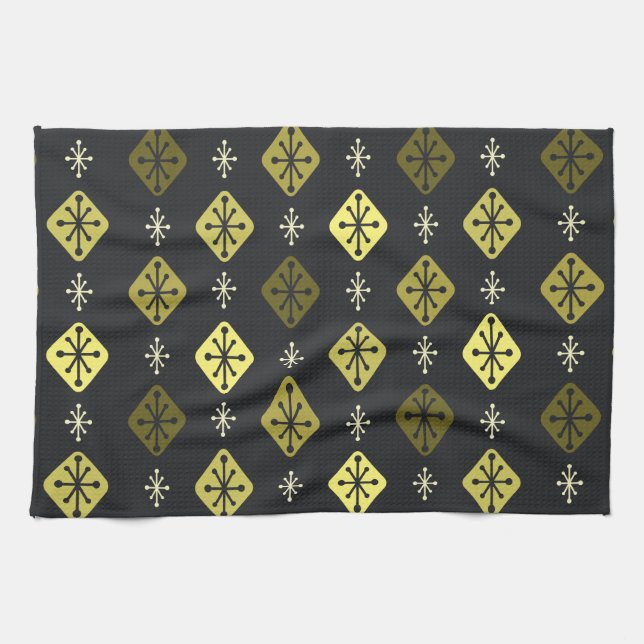 Midcentury Starbursts Diamonds Black Yellow Tea Towel (Horizontal)