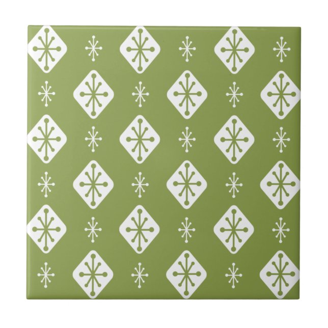 Midcentury Starbursts Diamonds Olive Green Tile (Front)