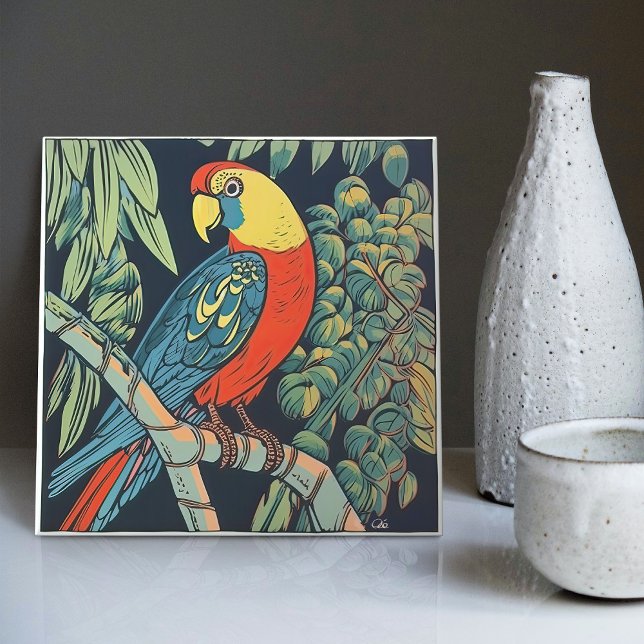 Midcentury Tropics: Vivid Parrot & Botanical Green Tile (Creator Uploaded)