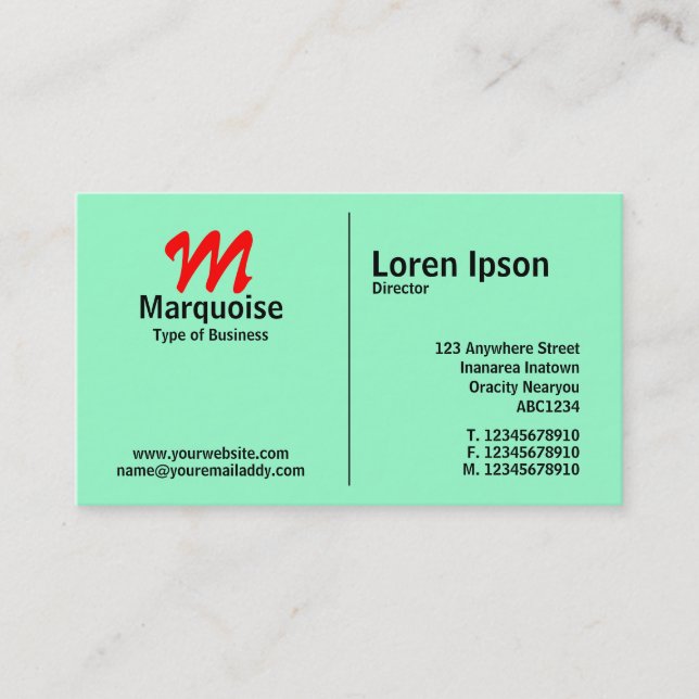 Middle Rule Monogram - Pale Green (99FFCC) Business Card (Front)