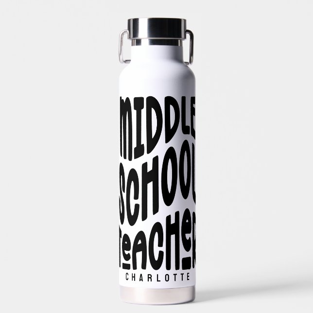 Middle School Teacher White Text  Water Bottle (Front)