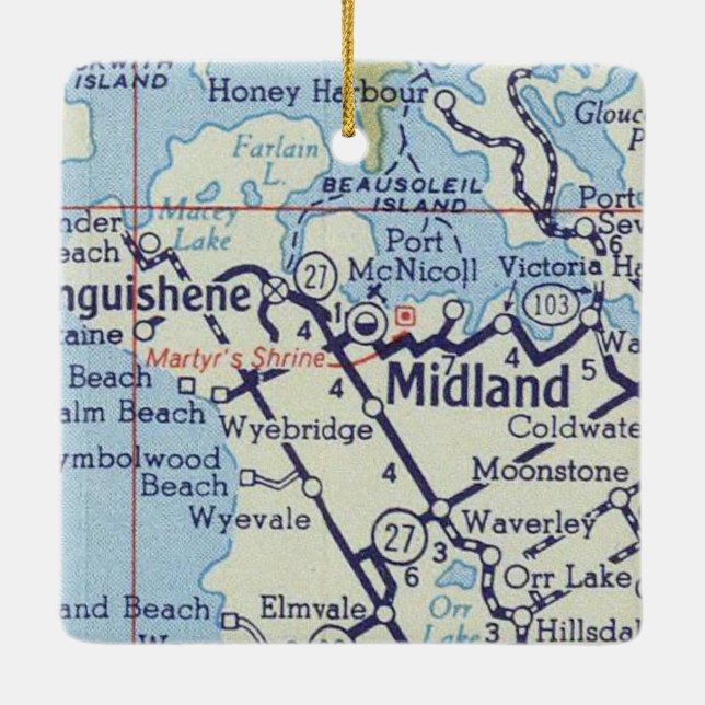 Midland ON Vintage Map Ceramic Ornament (Back)