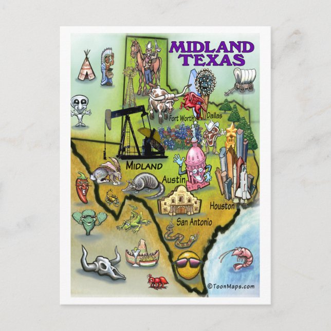 Midland Texas Cartoon Map Postcard (Front)