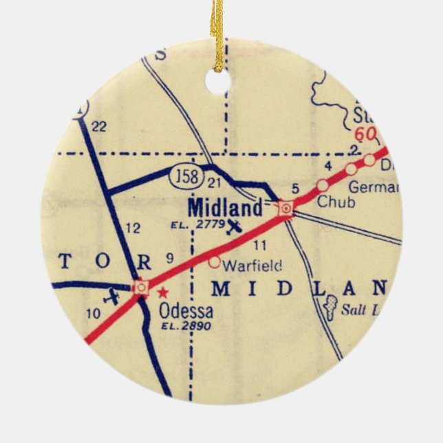 Midland TX 1948 Map Ceramic Tree Decoration (Back)