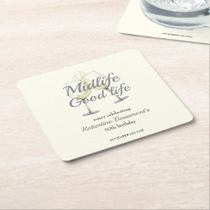 Midlife Good Life Elegant Wine Glass 50th Birthday Square Paper Coaster