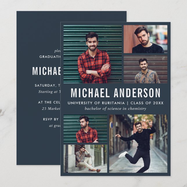 Midnight | 6 Photo Chalkboard Graduation Party Invitation (Front/Back)