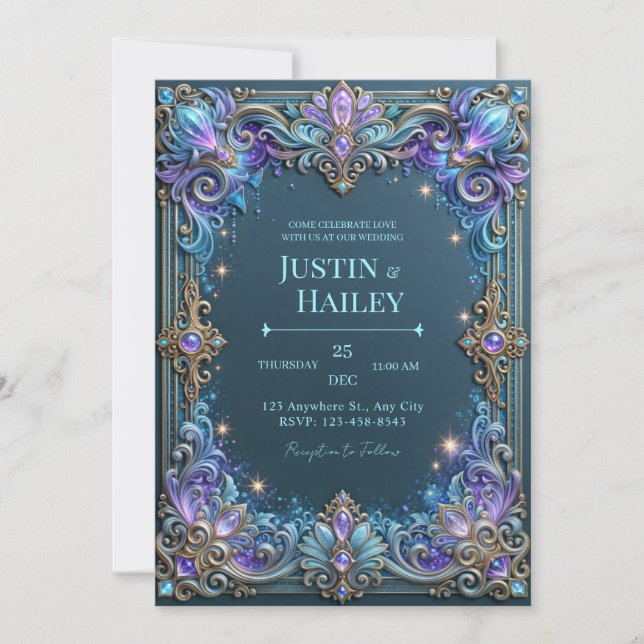 Midnight Amethyst Celestial Border Wedding Invitation (Front)