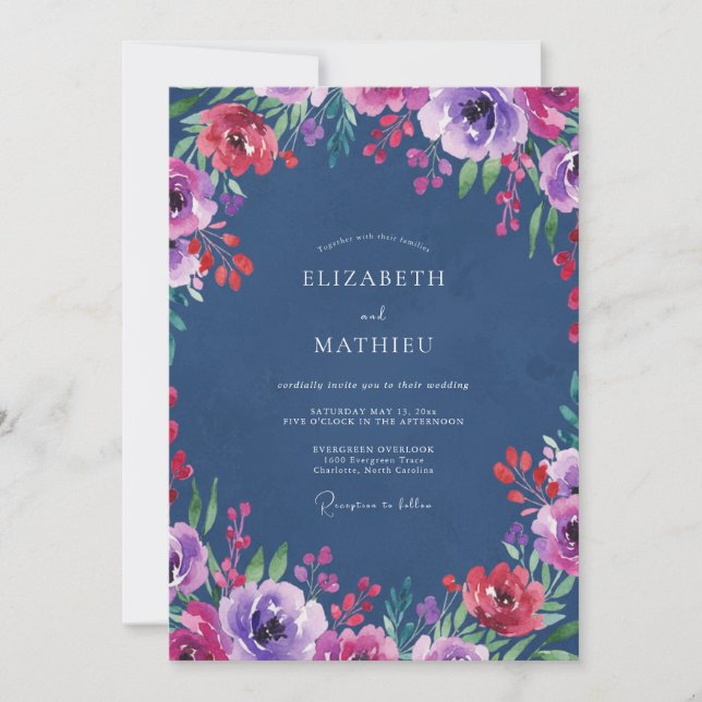 Midnight Amethyst Watercolor Wedding Invitation (Front)