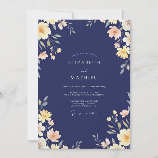 Midnight Antique Cream Petal Wedding Invitation (Front)