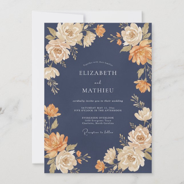 Midnight Apricot Peony Wedding Invitation (Front)