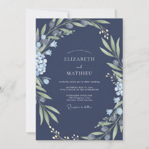 Midnight Azure Foliage Sage Wedding Invitation
