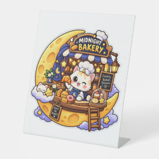 Midnight Bakery Cute Kawaii Cat Bakery Night Illus Pedestal Sign